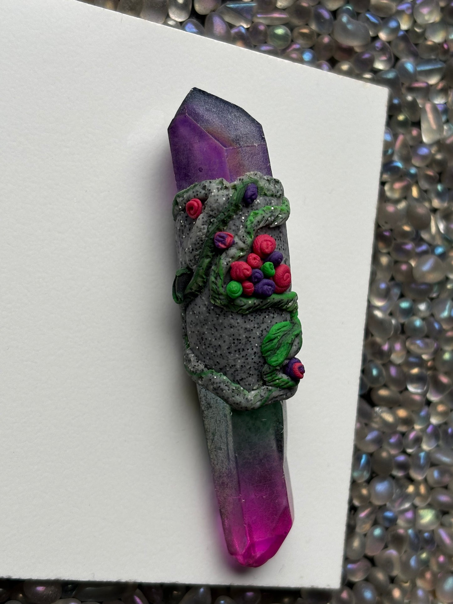 Purple Pink Green Aura Quartz Crystal Gemstone Granite Rose Flower Clay Wand - English Rose