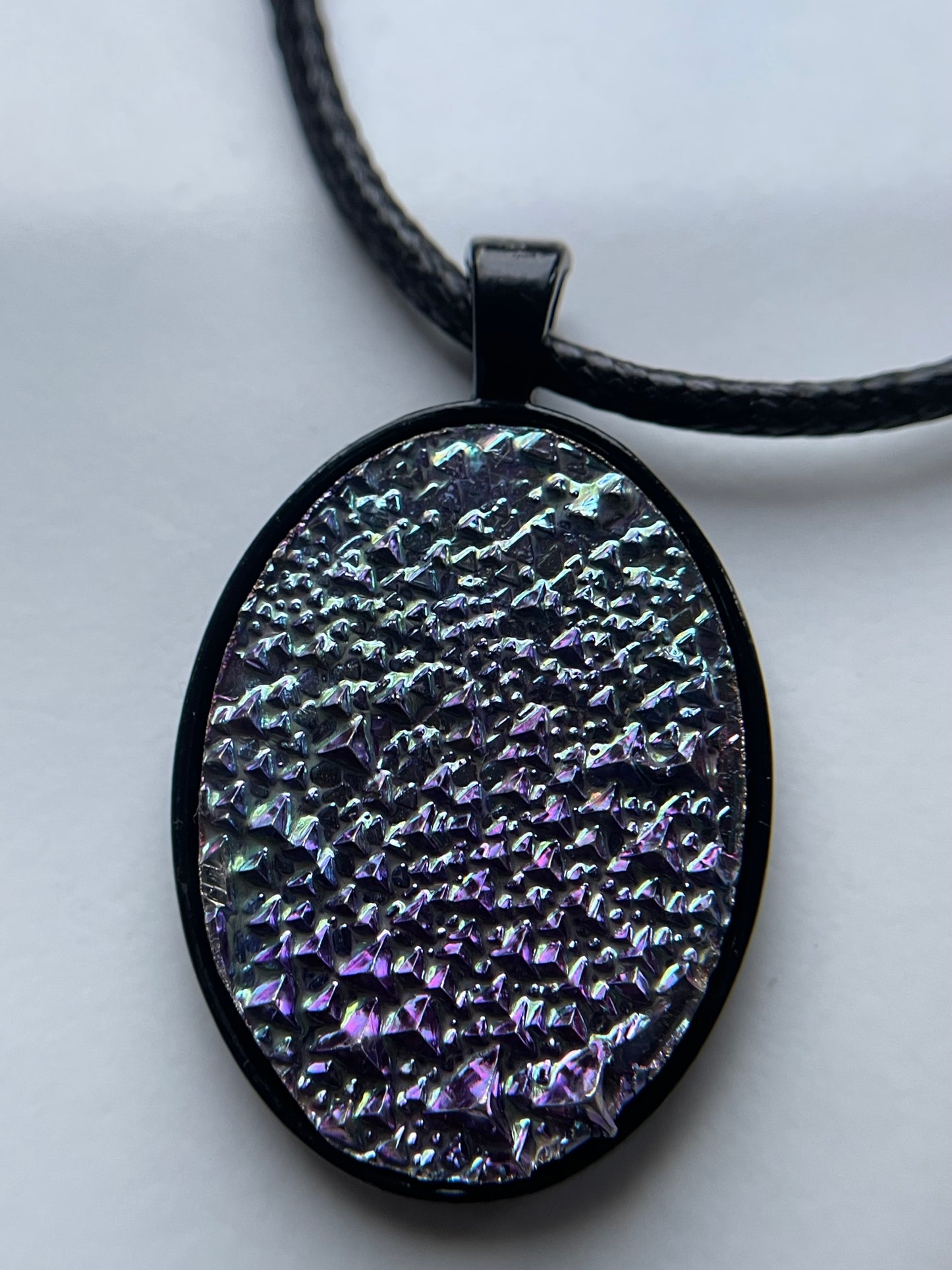 Purple Blue Bismuth Crystal Metal Art Cord Necklace OVAL