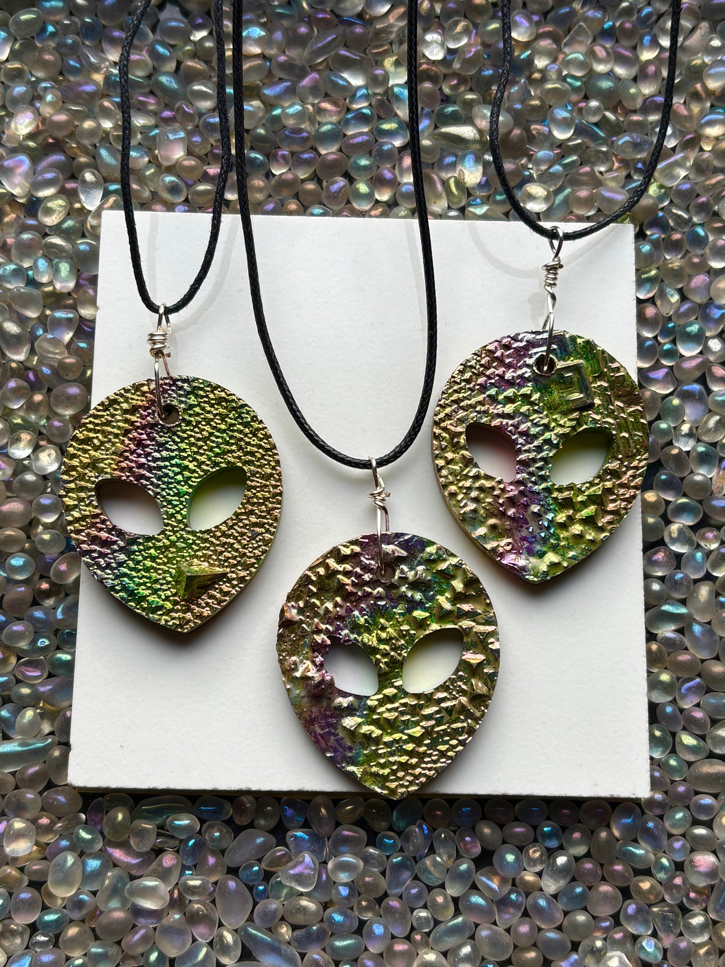 Alien Rainbow Bismuth Crystal Cut Out Metal Art Cord Necklace