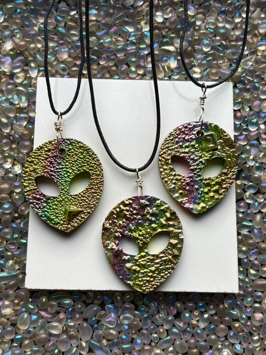 Alien Rainbow Bismuth Crystal Cut Out Metal Art Cord Necklace