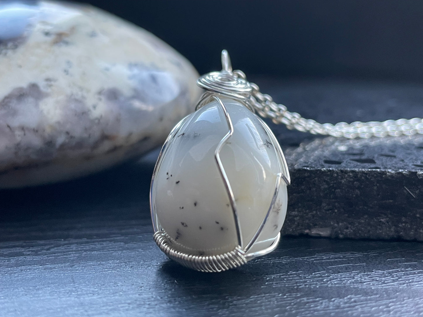 Dendritic Opal Agate Crystal Gemstone Wire Wrapped Necklace (2)
