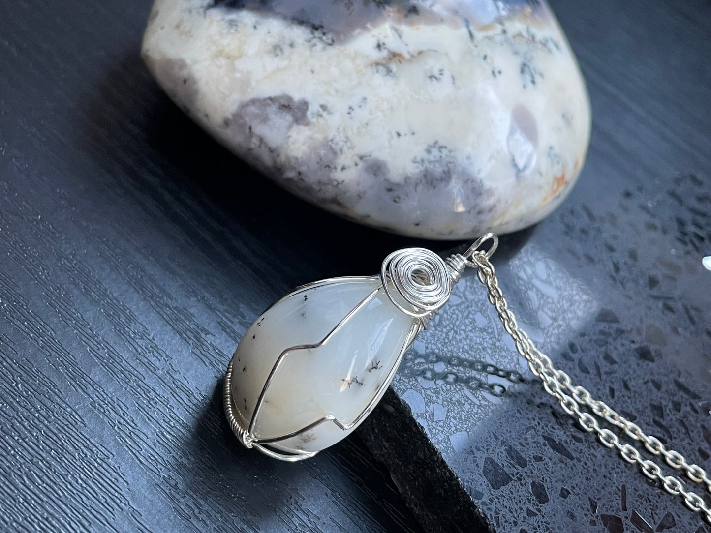 Dendritic Opal Agate Crystal Gemstone Wire Wrapped Necklace (2)