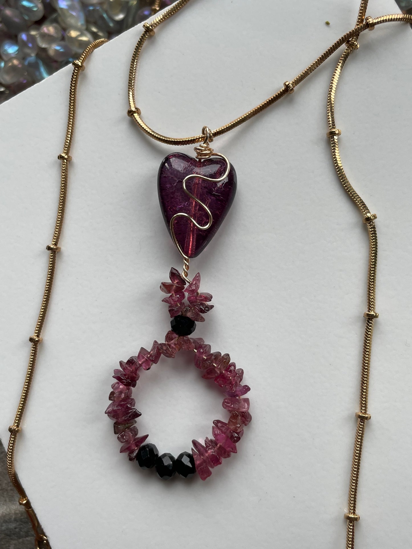 Pink Tourmaline Crystal Gemstone Rough Nugget Heart Necklace