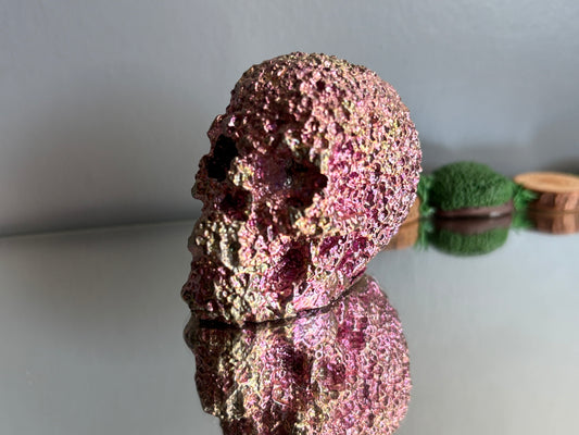 Pink Bismuth Crystal Coral Skull Large Metal Art Sculpture