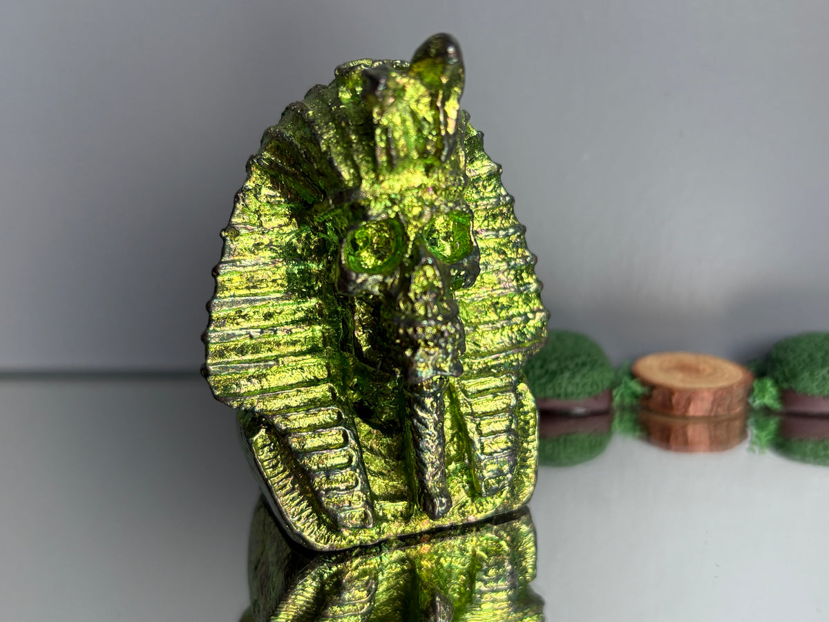 Green Bismuth Crystal King Tutankhamen Skull Metal Art Sculpture