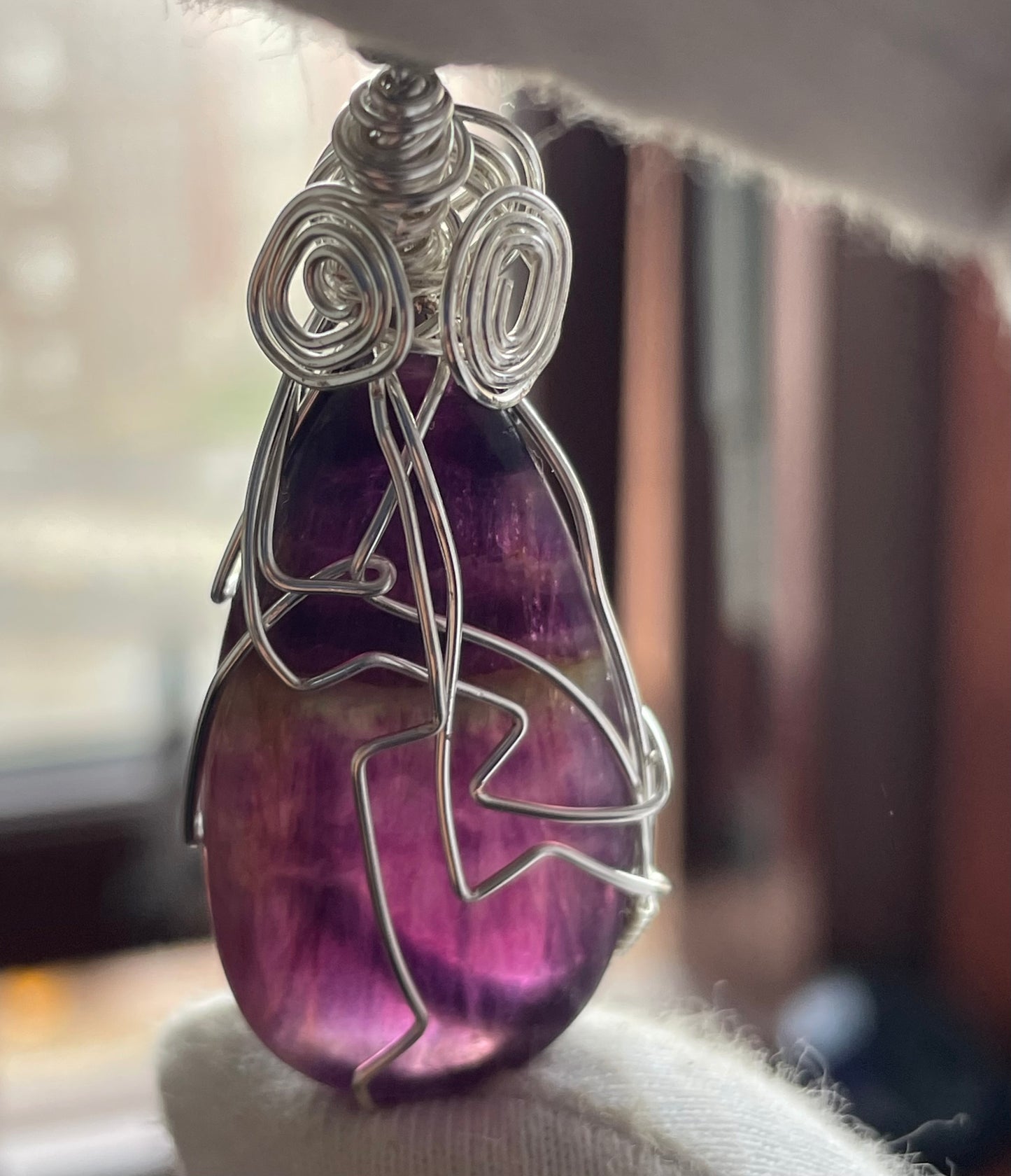 Purple Fluorite Crystal Gemstone Wire Wrap Silver Necklace