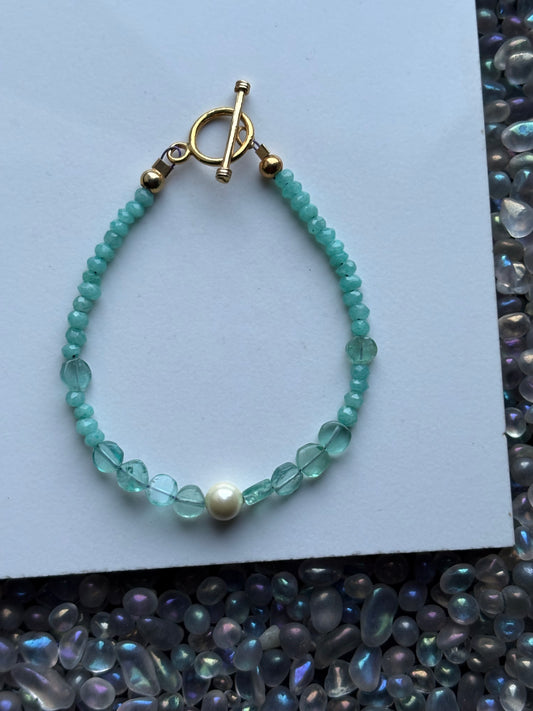 Pearl Aqua Chalcedony Apatite Crystal Gemstone Gold 925 Sterling Silver Bracelet