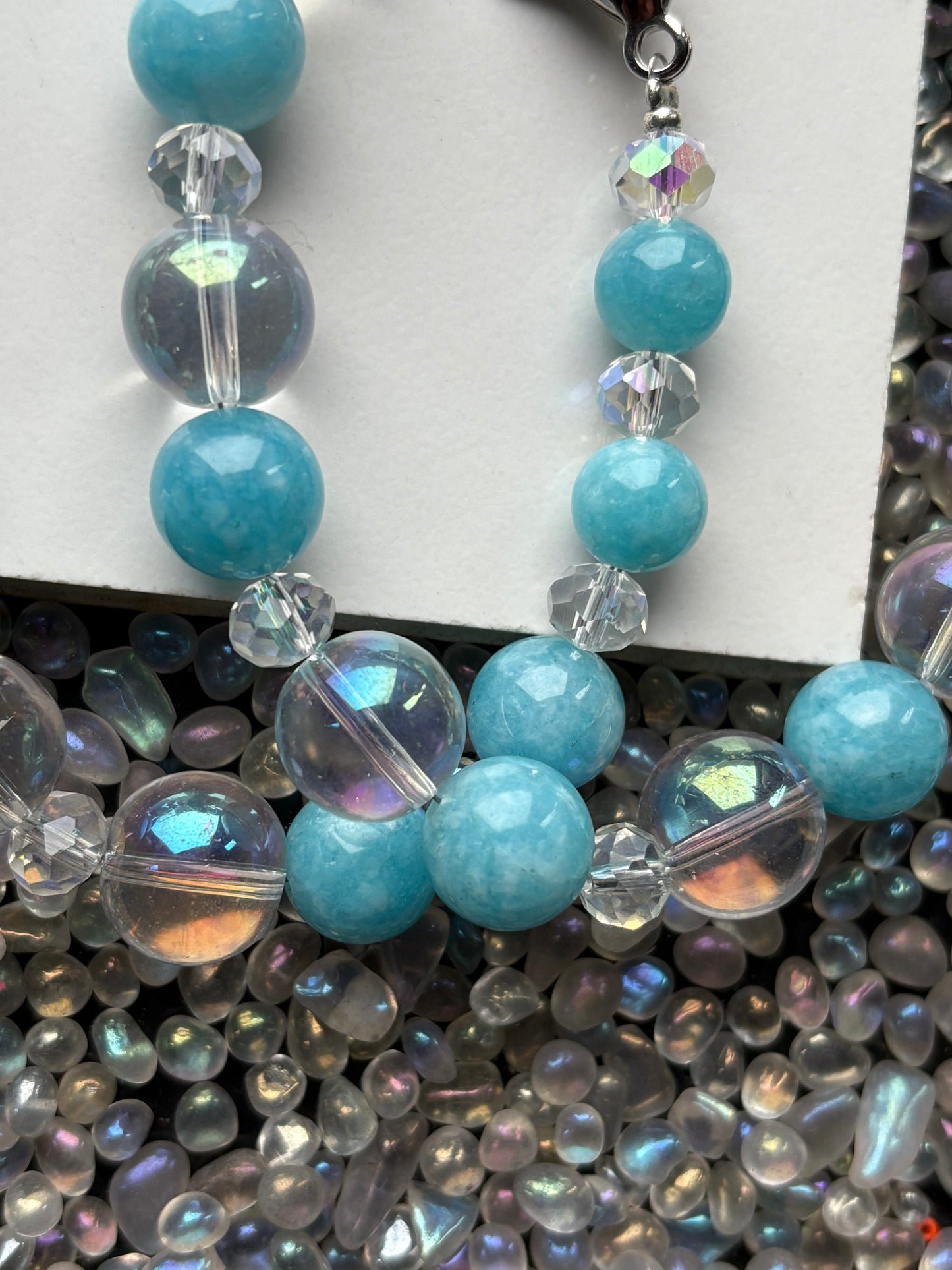 Blue Quartz Gemstone & Aura Coated Glass Crystal Beaded Silver Chunky Necklace