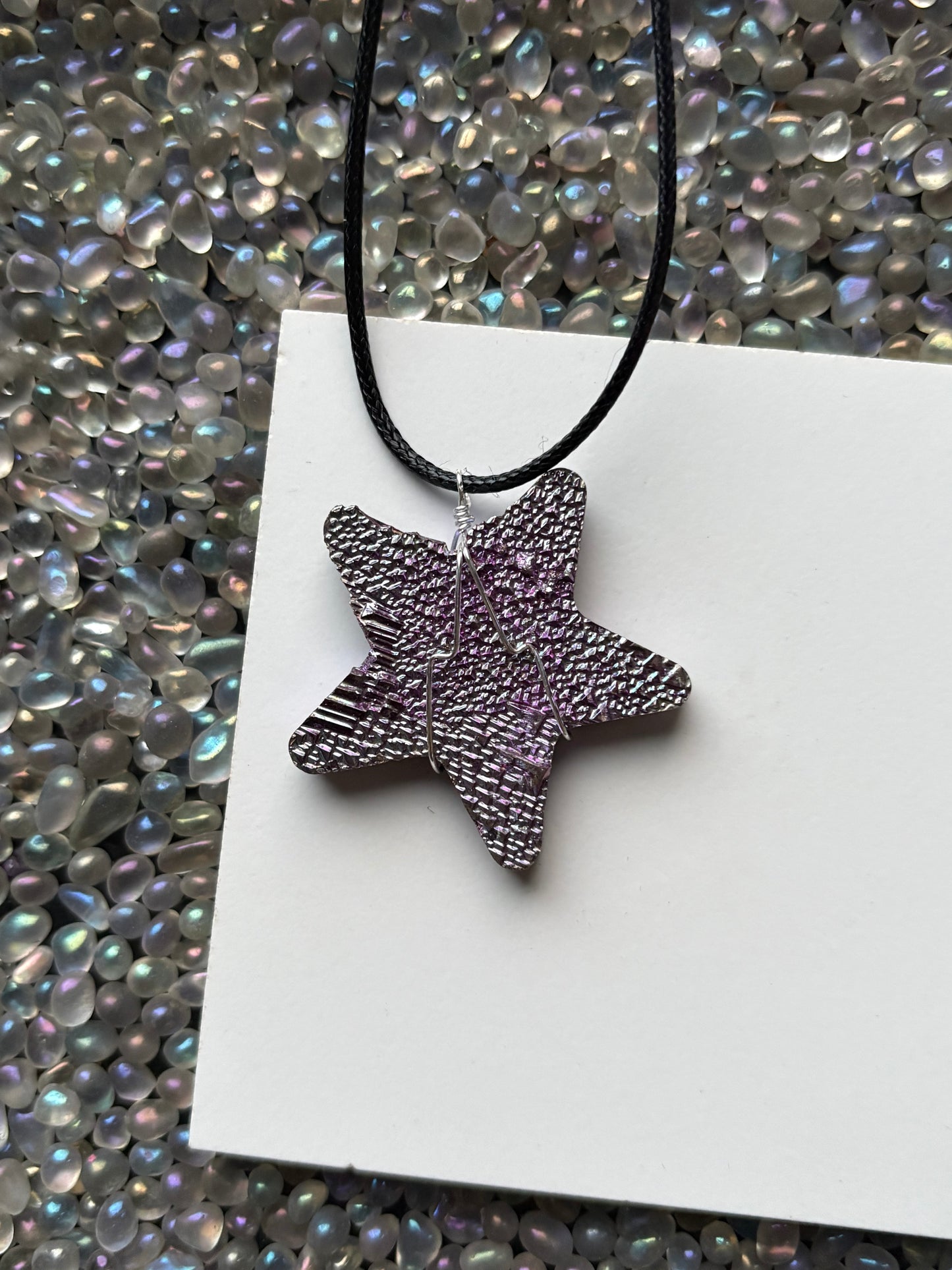 Purple Blue Bismuth Crystal Star Cut Out Metal Art Cord Necklace