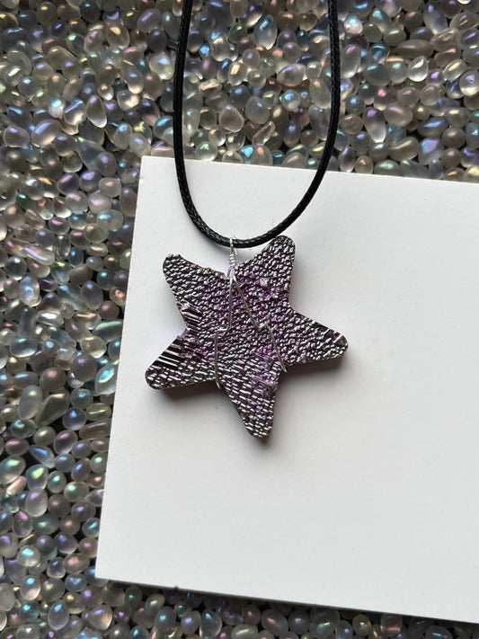 Purple Blue Bismuth Crystal Star Cut Out Metal Art Cord Necklace