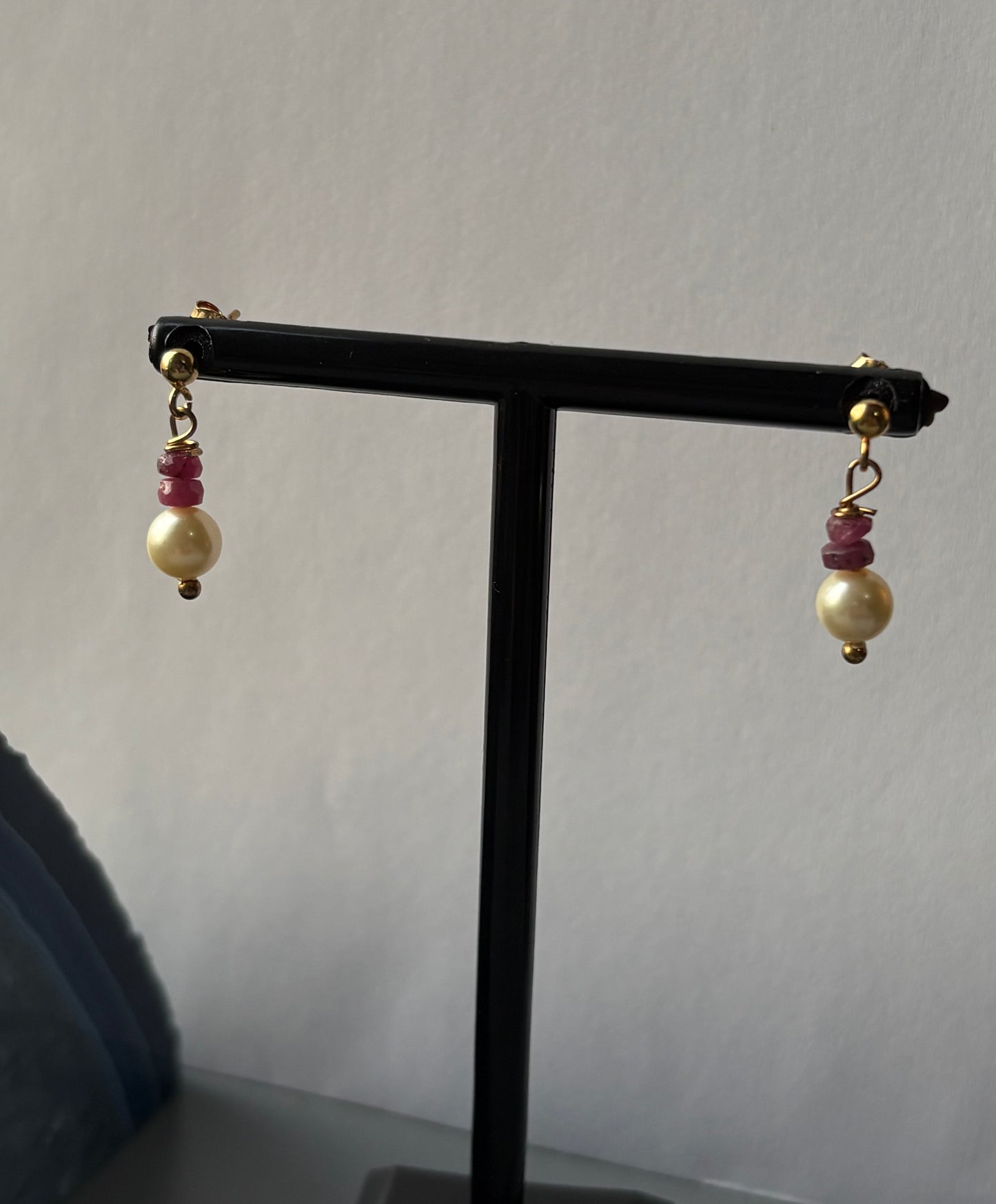 Ruby & Cream Pearl Crystal Gemstone 18k Gold Sterling Silver Earrings (Certified)