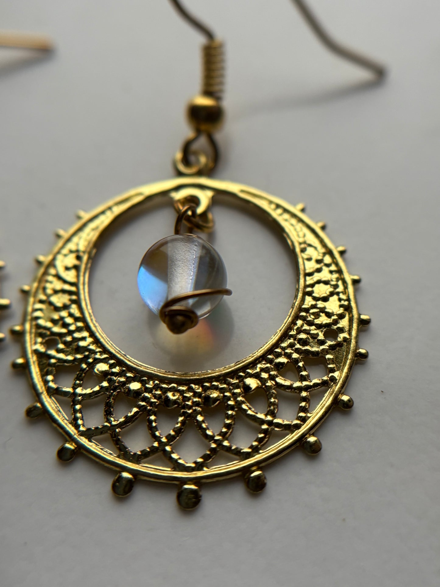 Angel Aura Quartz Crystal Gemstone Gold Filigree Hoop Earrings