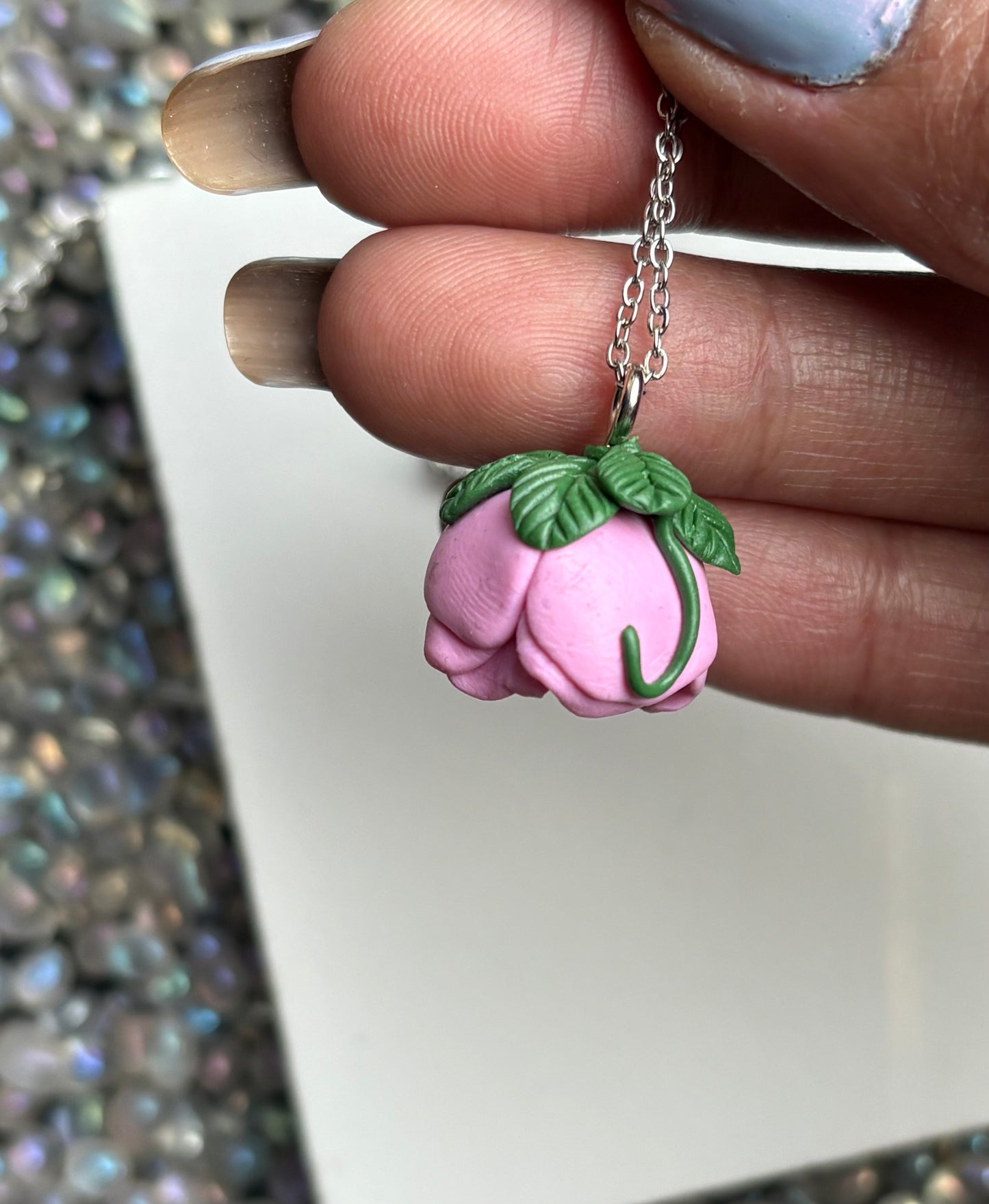 Pink Peony Flower Clay Silver Necklace