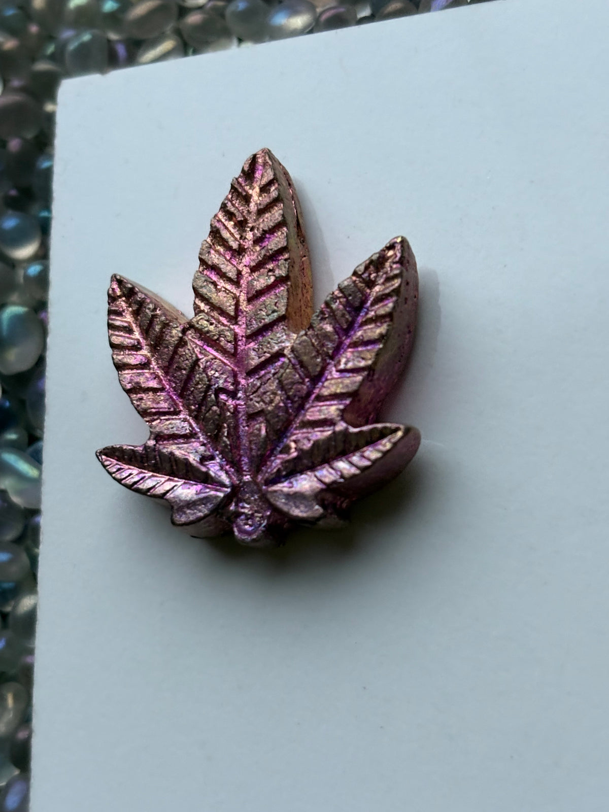 Peach Pink Bismuth Crystal Pot Leaf Metal Art Sculpture