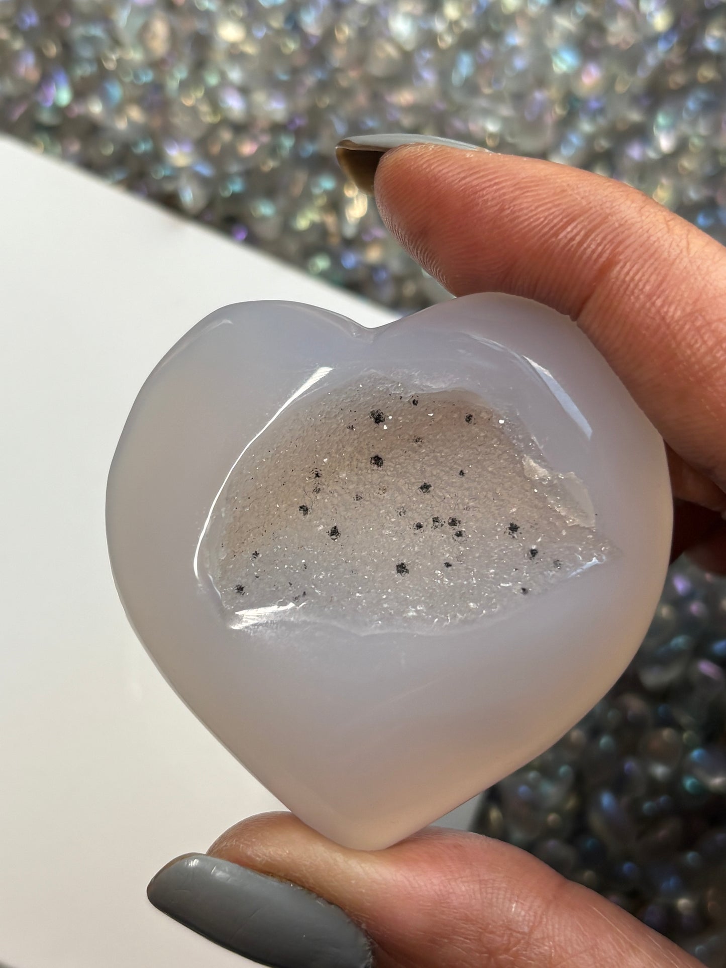 Grey Druzy Agate Crystal Heart Carving - Small