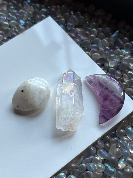 Fluorite Moon Aura Quartz & Rainbow Moonstone Crystal Gemstone Gift Pack - Moon Child (B)