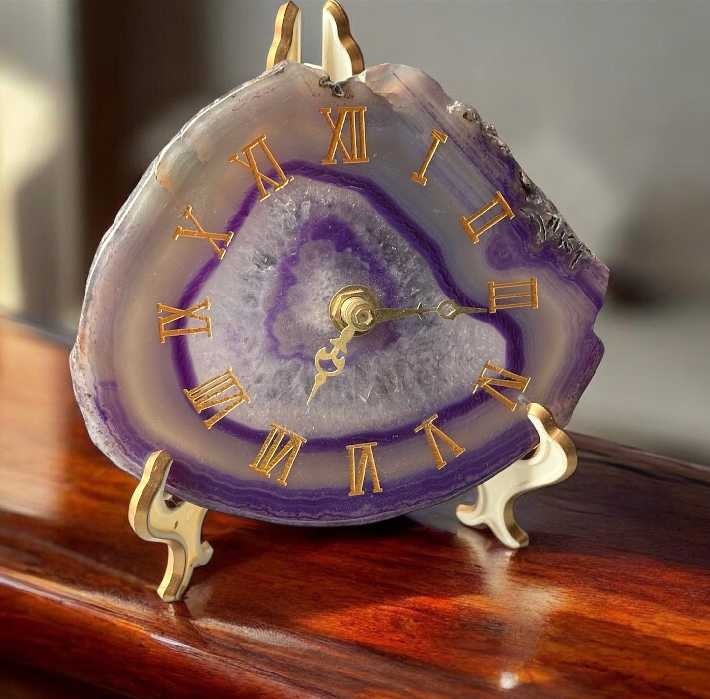 Purple Agate Slice Crystal Gemstone Gold Clock