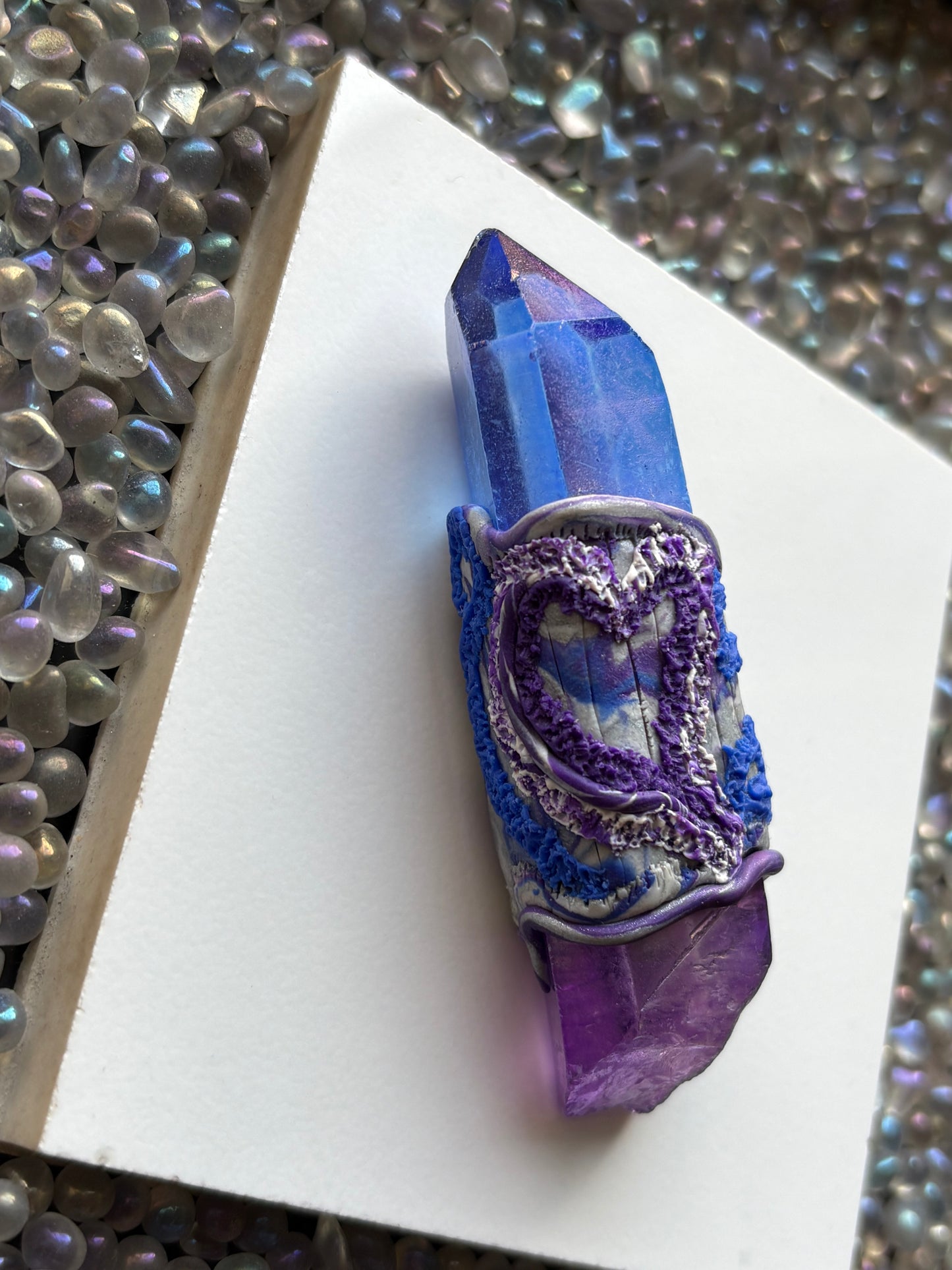 Purple & Blue Aura Quartz Crystal Gemstone Heart Swirl Clay Wand