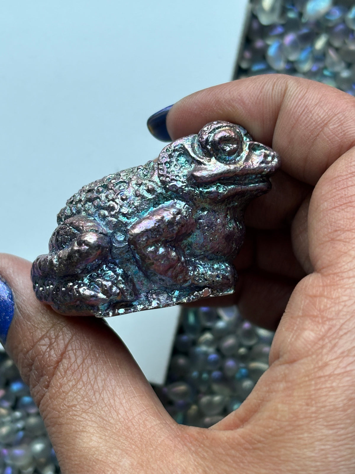 Purple Blue Bismuth Crystal Small Toad Metal Art Sculpture