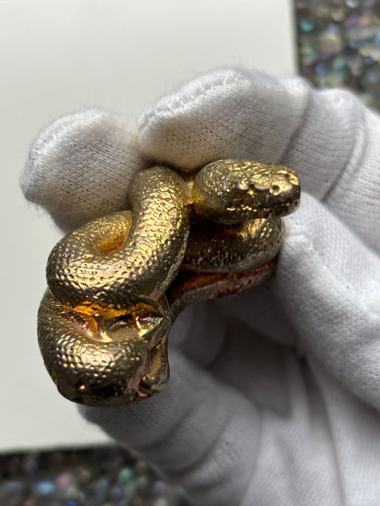 Gold Peach Bismuth Crystal Coil Snake Metal Art Sculpture