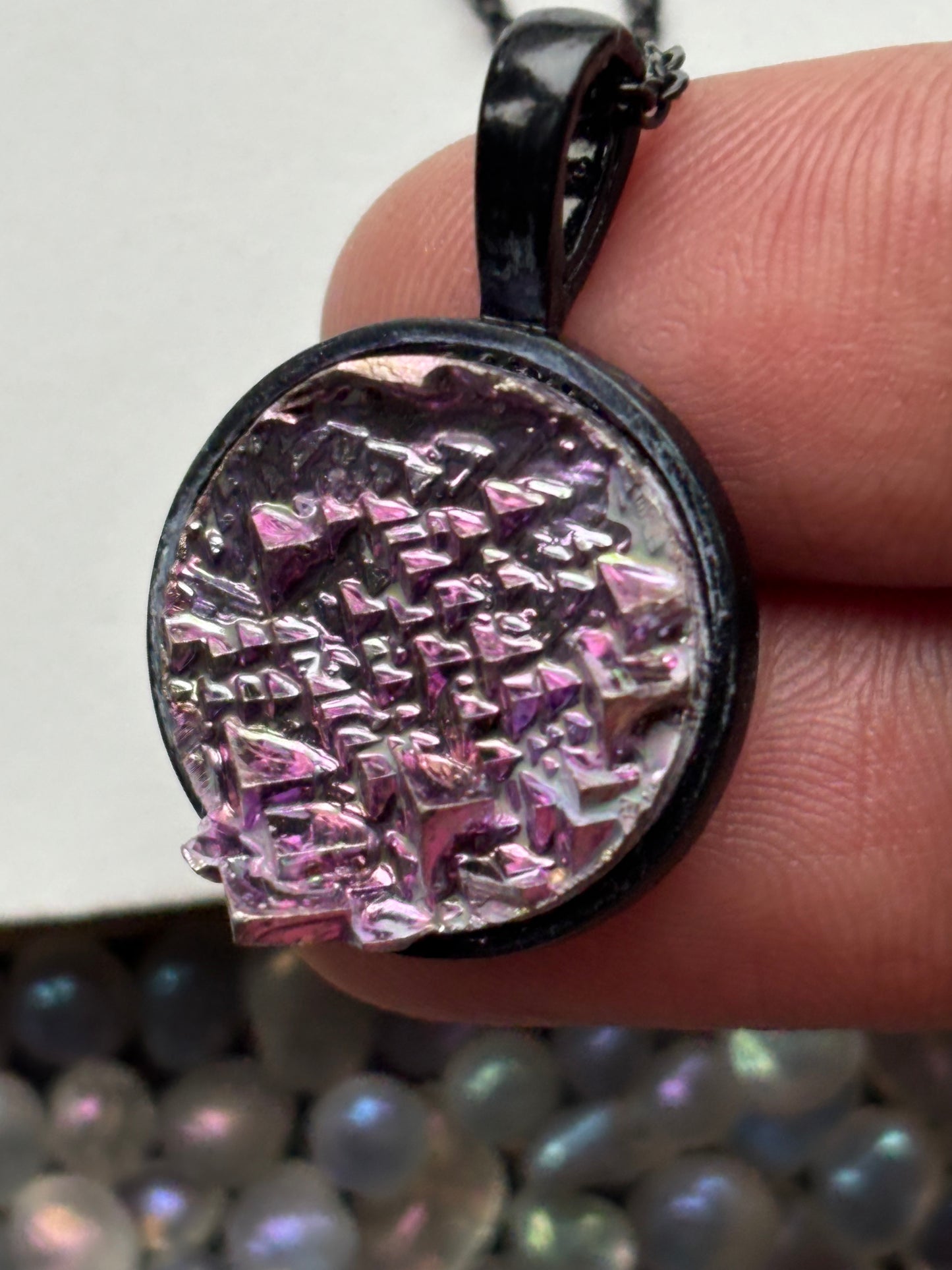 Pink Bismuth Crystal Metal Art Cord Necklace MINI CIRCLE