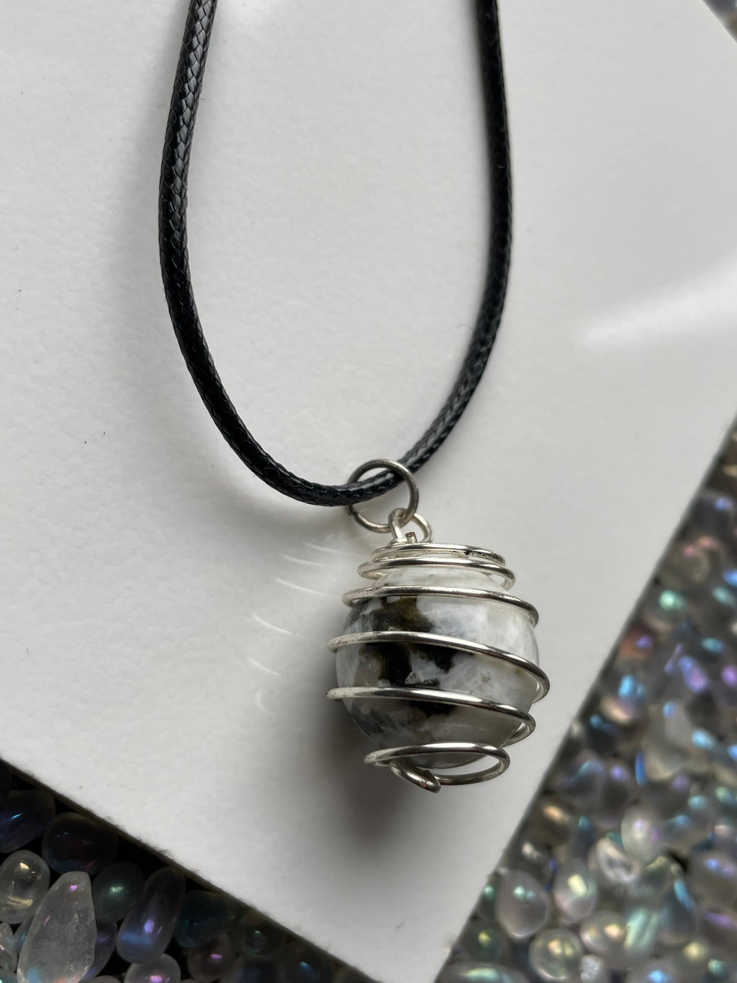 Rainbow Moonstone Crystal Gemstone Silver Spiral Wire Wrap Necklace