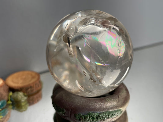 Rainbow Smoky Quartz Crystal Gemstone Sphere Clay Ring Holder Gift Set