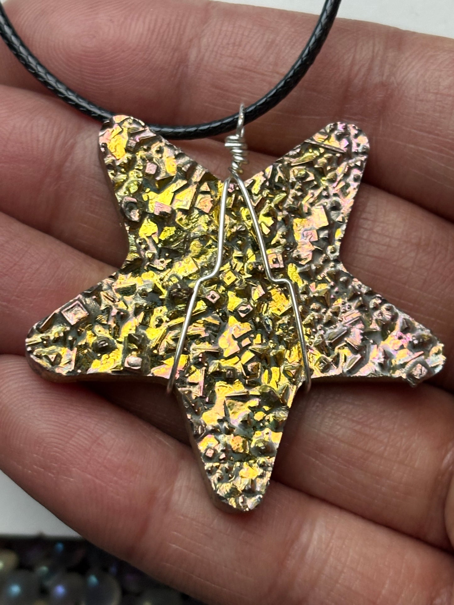 Gold Bismuth Star Crystal Cut Out Metal Art Cord Necklace