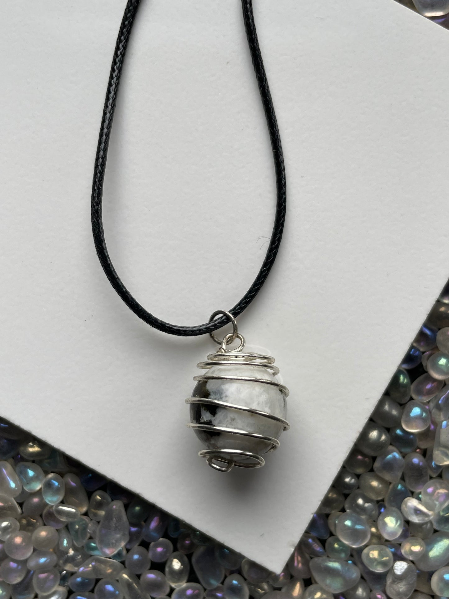 Rainbow Moonstone Crystal Gemstone Silver Spiral Wire Wrap Necklace