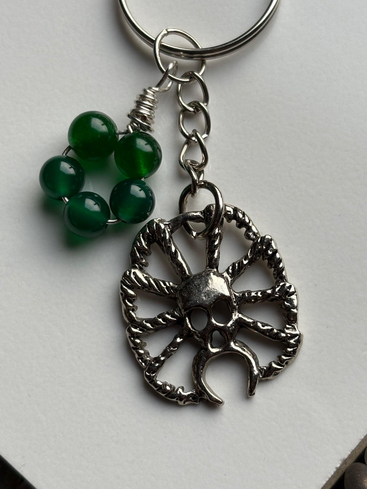 Green Quartz Crystal Gemstone Spider Silver Keychain