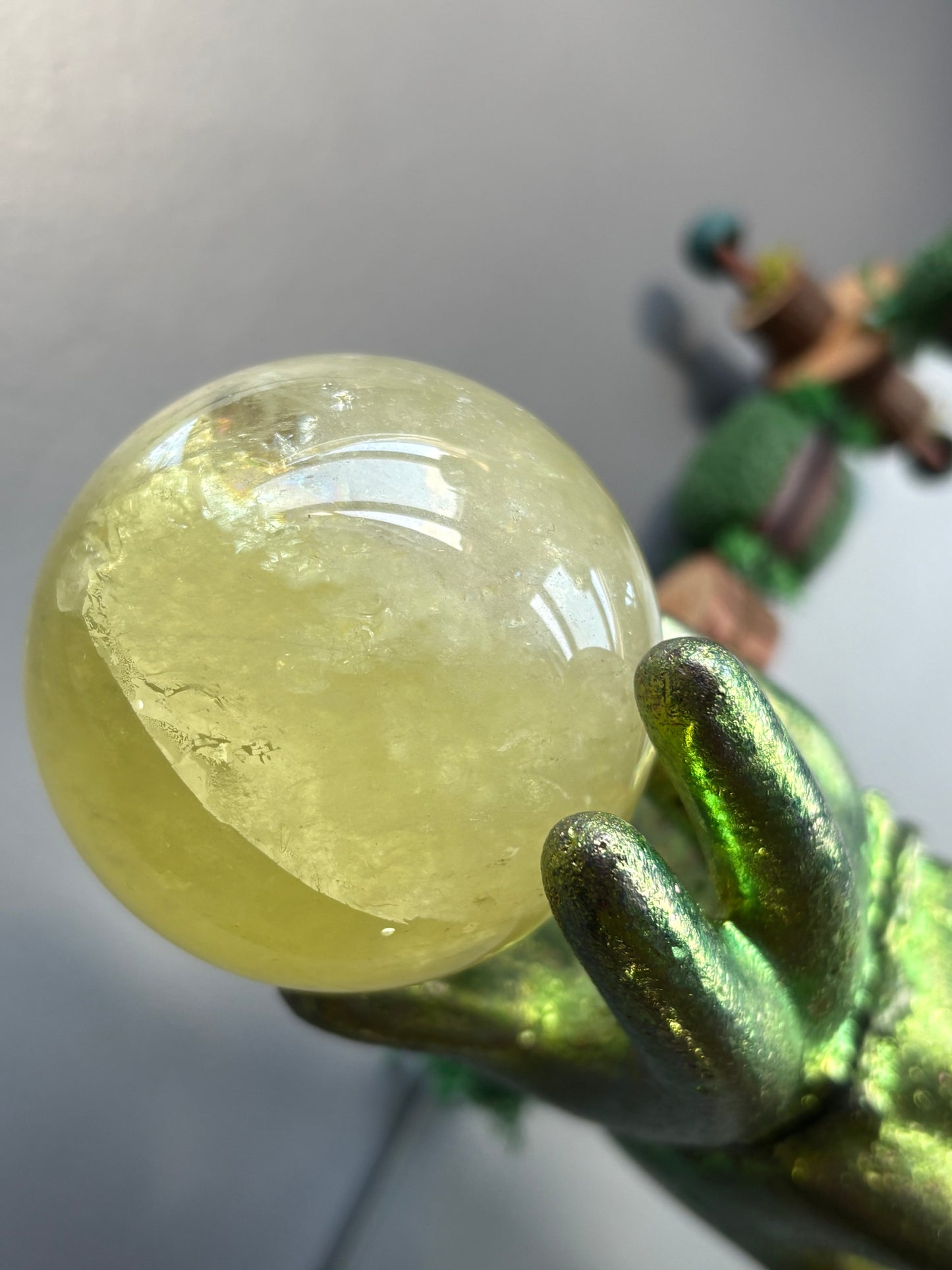 Green Bismuth Crystal Hand Sphere Holder Metal Art Sculpture