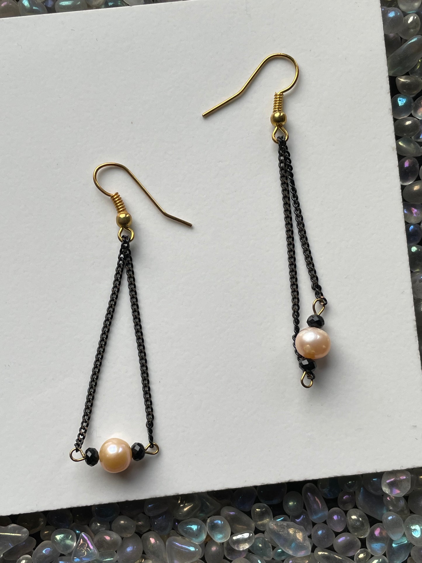 Peach Pearl & Black Spinel Crystal Gemstone Black Gold Chain Earrings (Certified)
