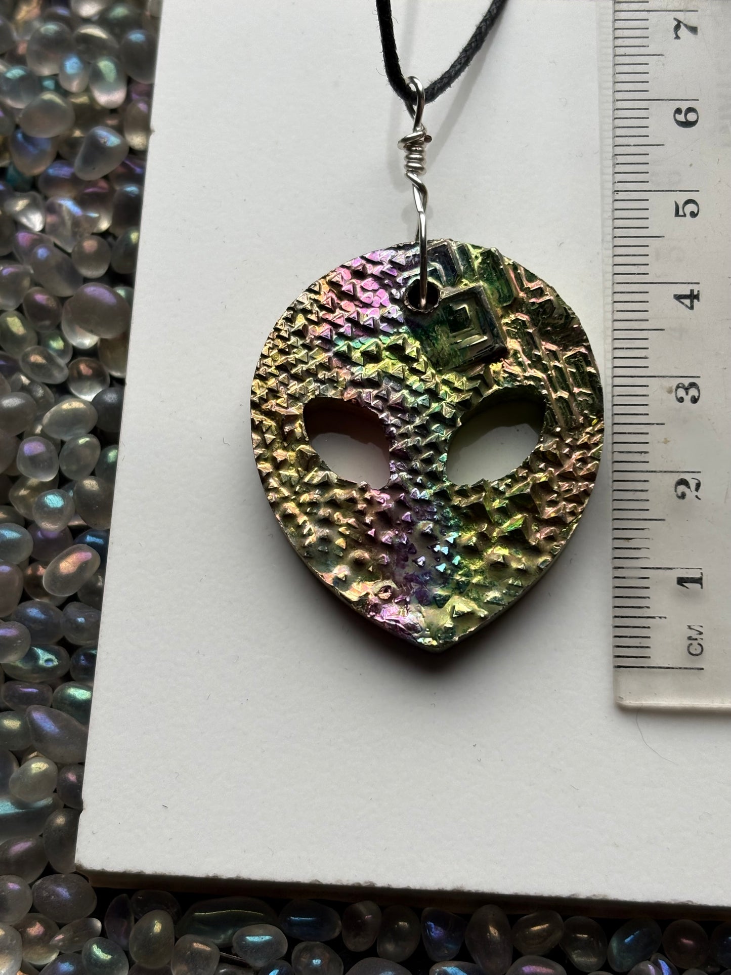 Alien Rainbow Bismuth Crystal Cut Out Metal Art Cord Necklace