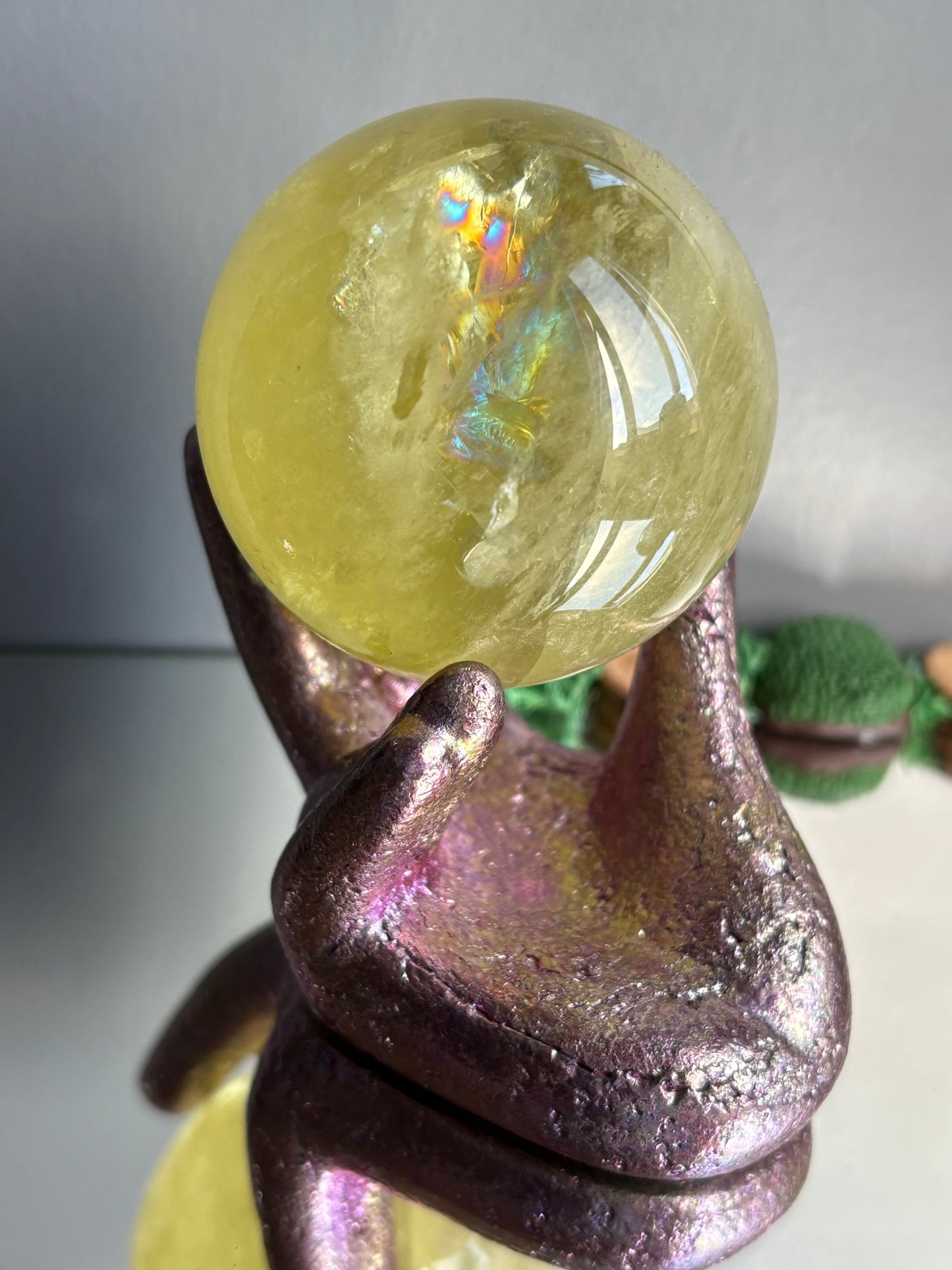 Pink Bismuth Crystal Hand Sphere Holder Metal Art Sculpture