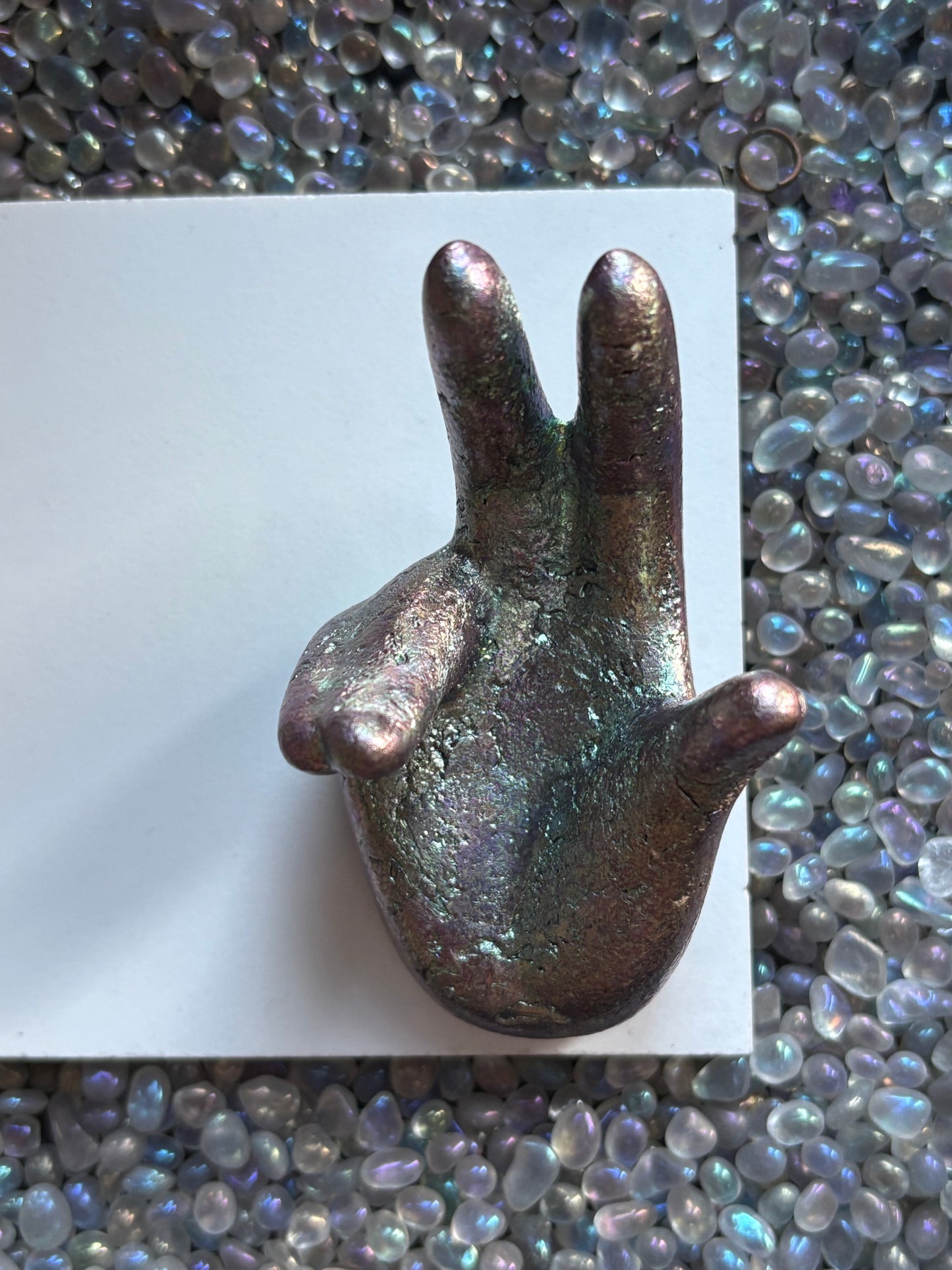 Purple Blue Bismuth Crystal Hand Sphere Holder - Metal Art Sculpture