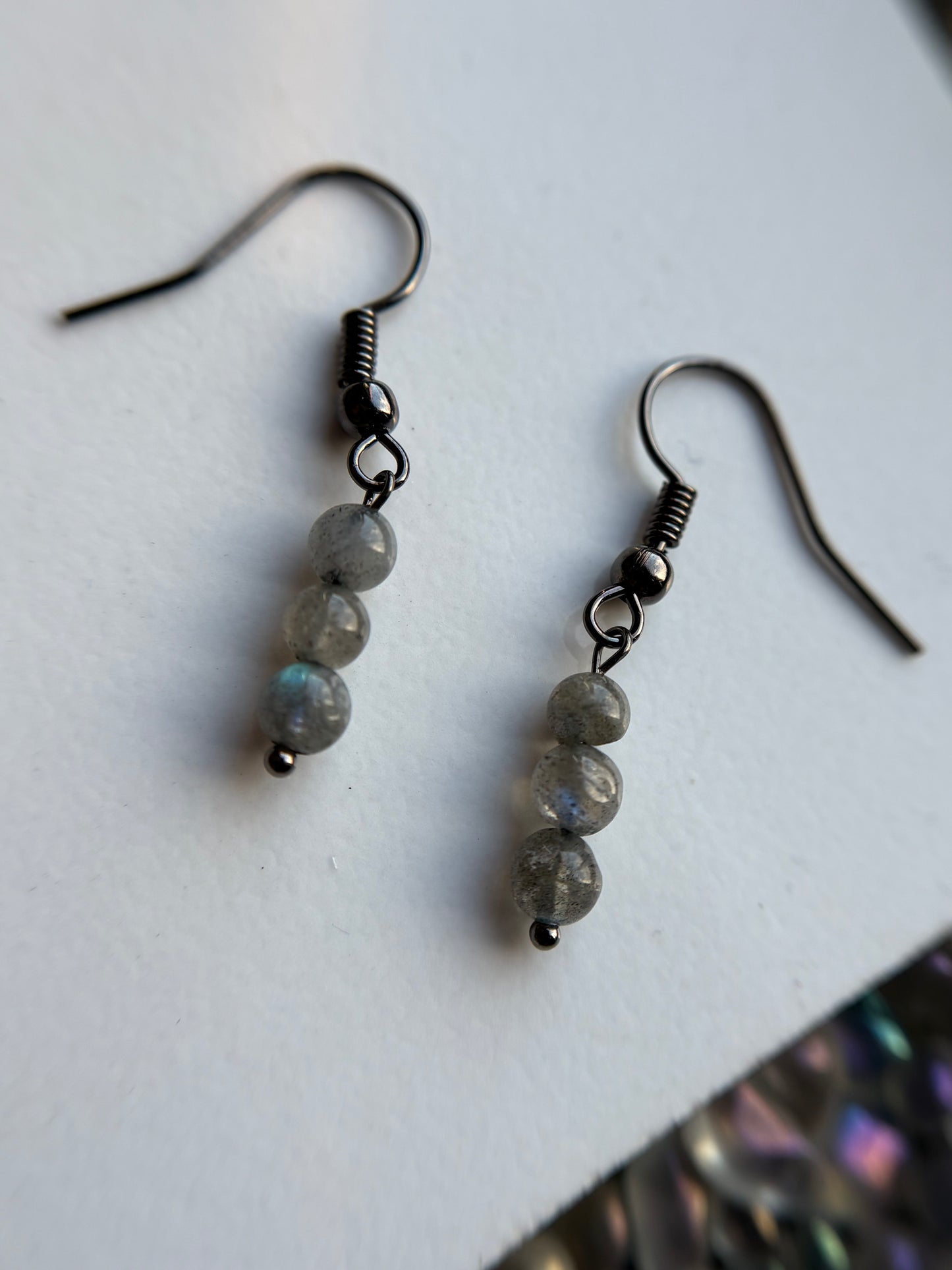 Labradorite Crystal Gemstone Black Metal Dainty Drop Earrings