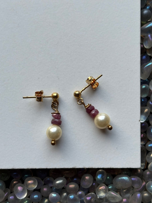 Ruby & Cream Pearl Crystal Gemstone 18k Gold Sterling Silver Earrings (Certified)