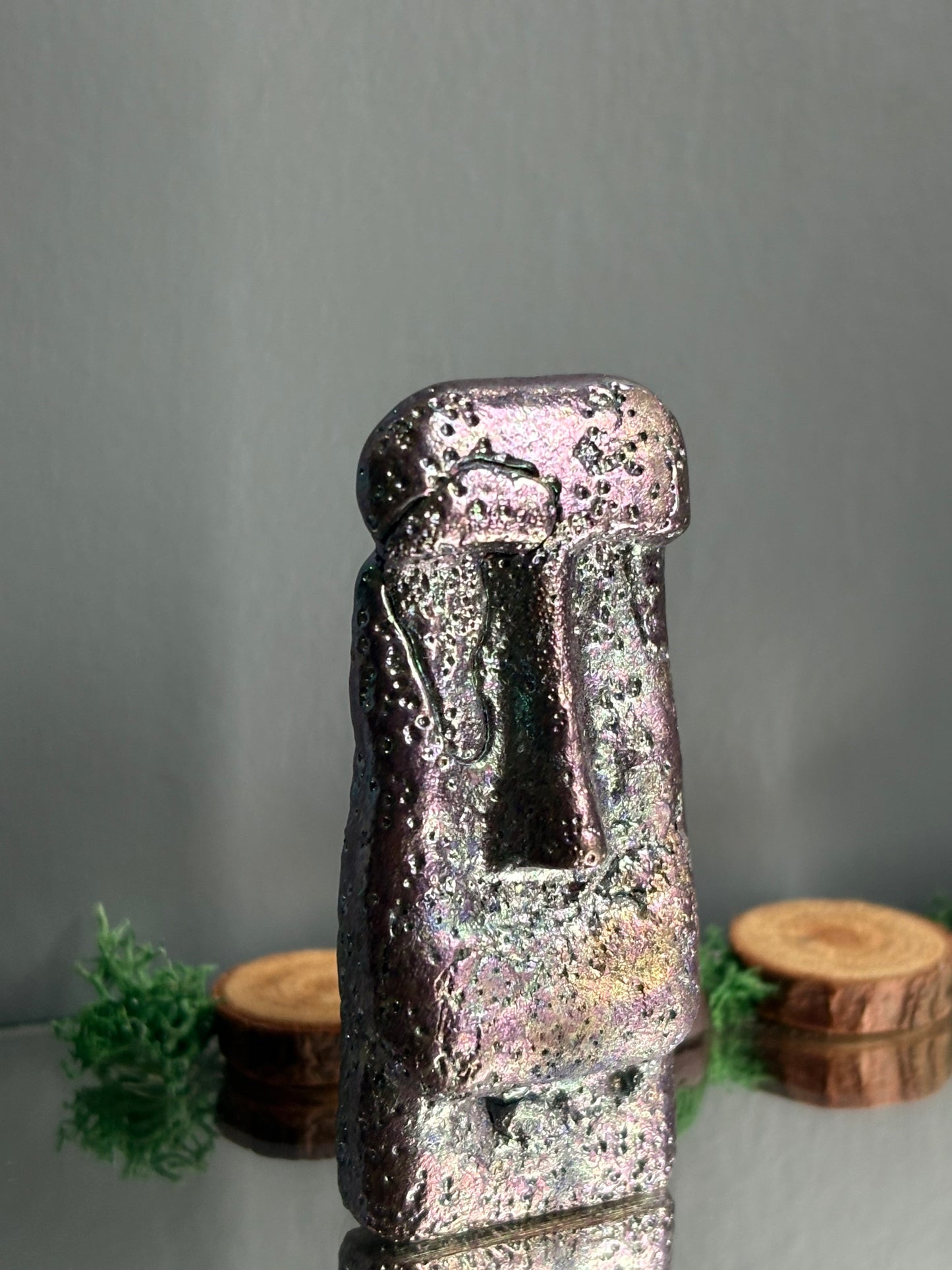 Purple Bismuth Crystal Moai Head Easter Island Metal Art Sculpture