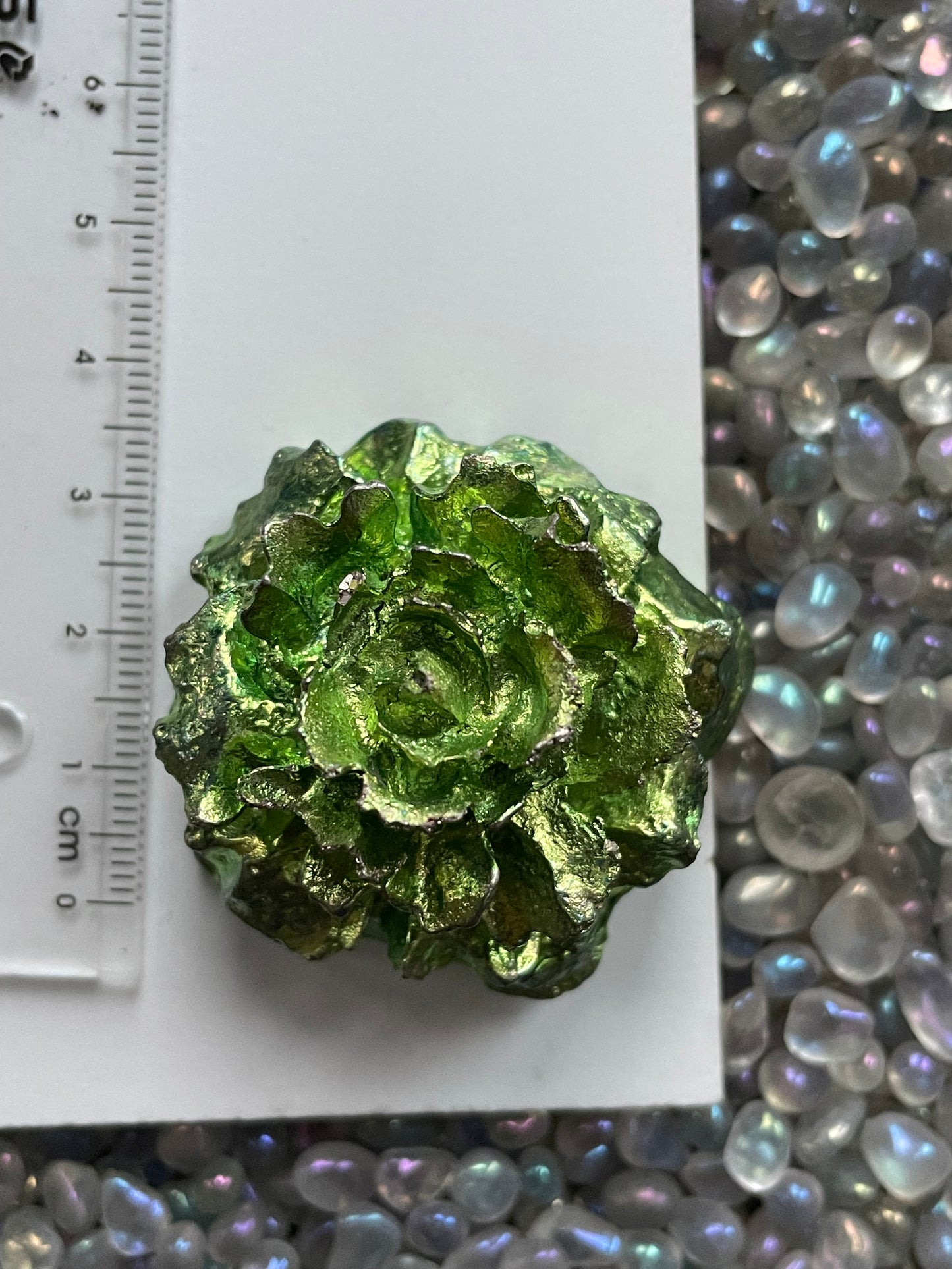 Green Bismuth Crystal Small Rose Flower Metal Art Sculpture