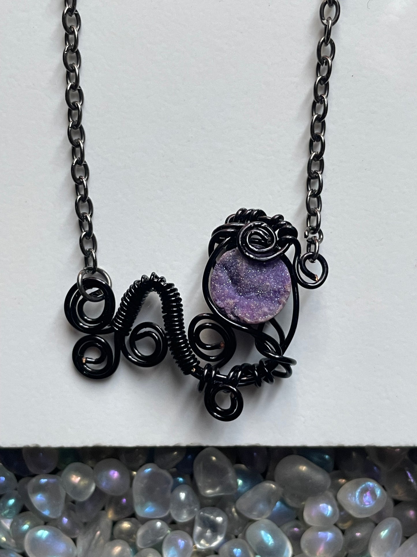 Violet Druzy Quartz Coin Gemstone Crystal Dragon Wire Pendant Necklace (Certified)