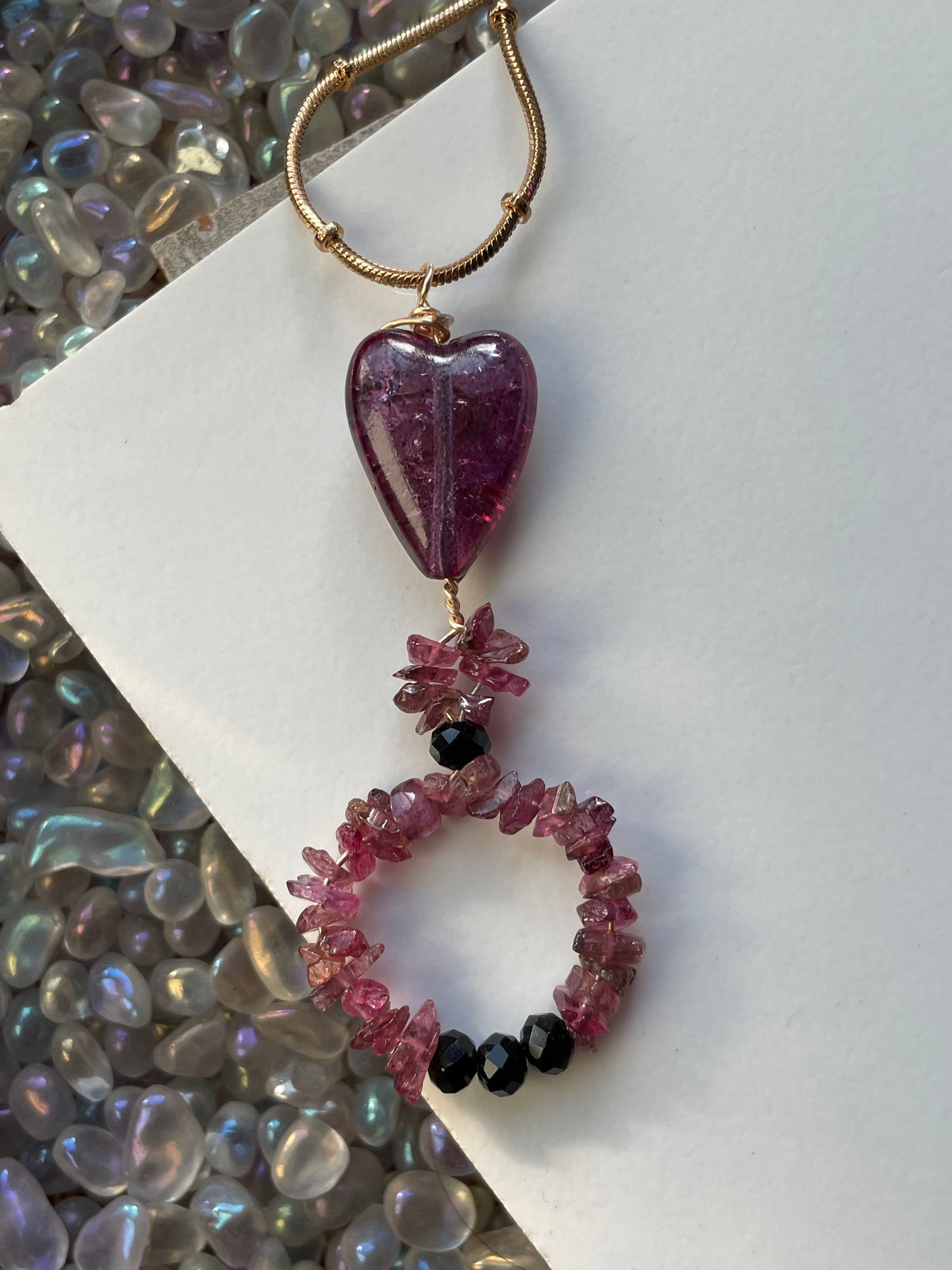 Pink Tourmaline Crystal Gemstone Rough Nugget Heart Necklace