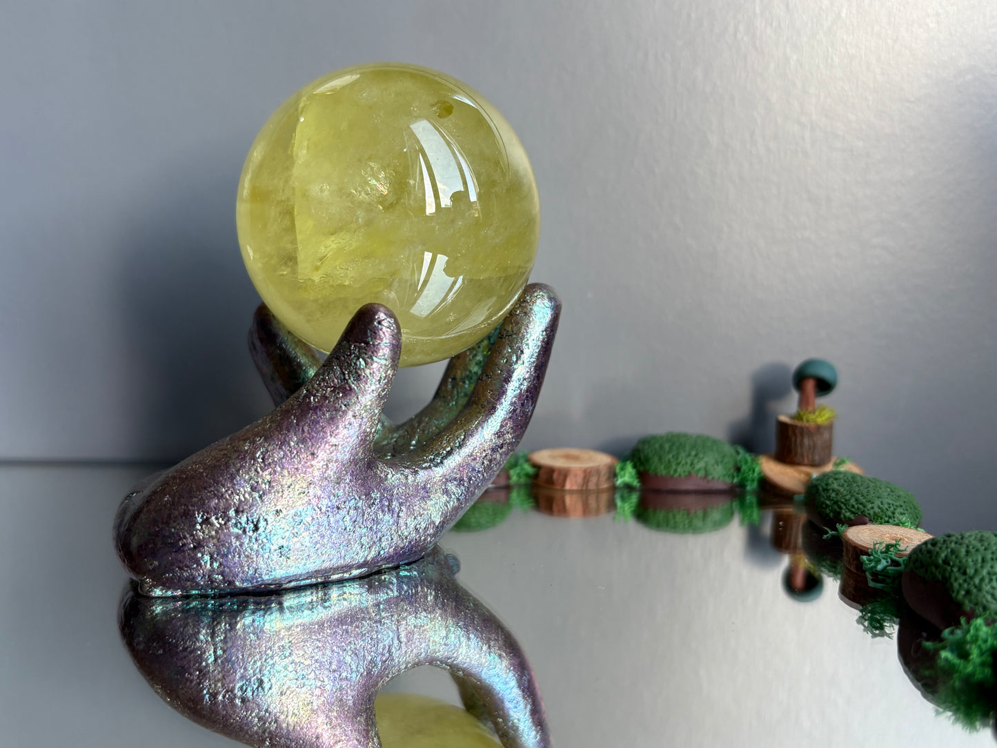 Purple Blue Bismuth Crystal Hand Sphere Holder - Metal Art Sculpture