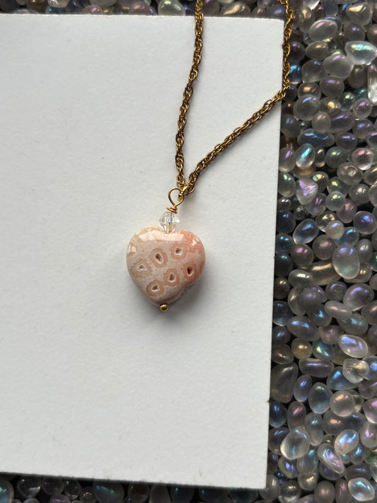 Peach Agate Druzy Coral Fossil Crystal Gemstone Heart Carving Necklace