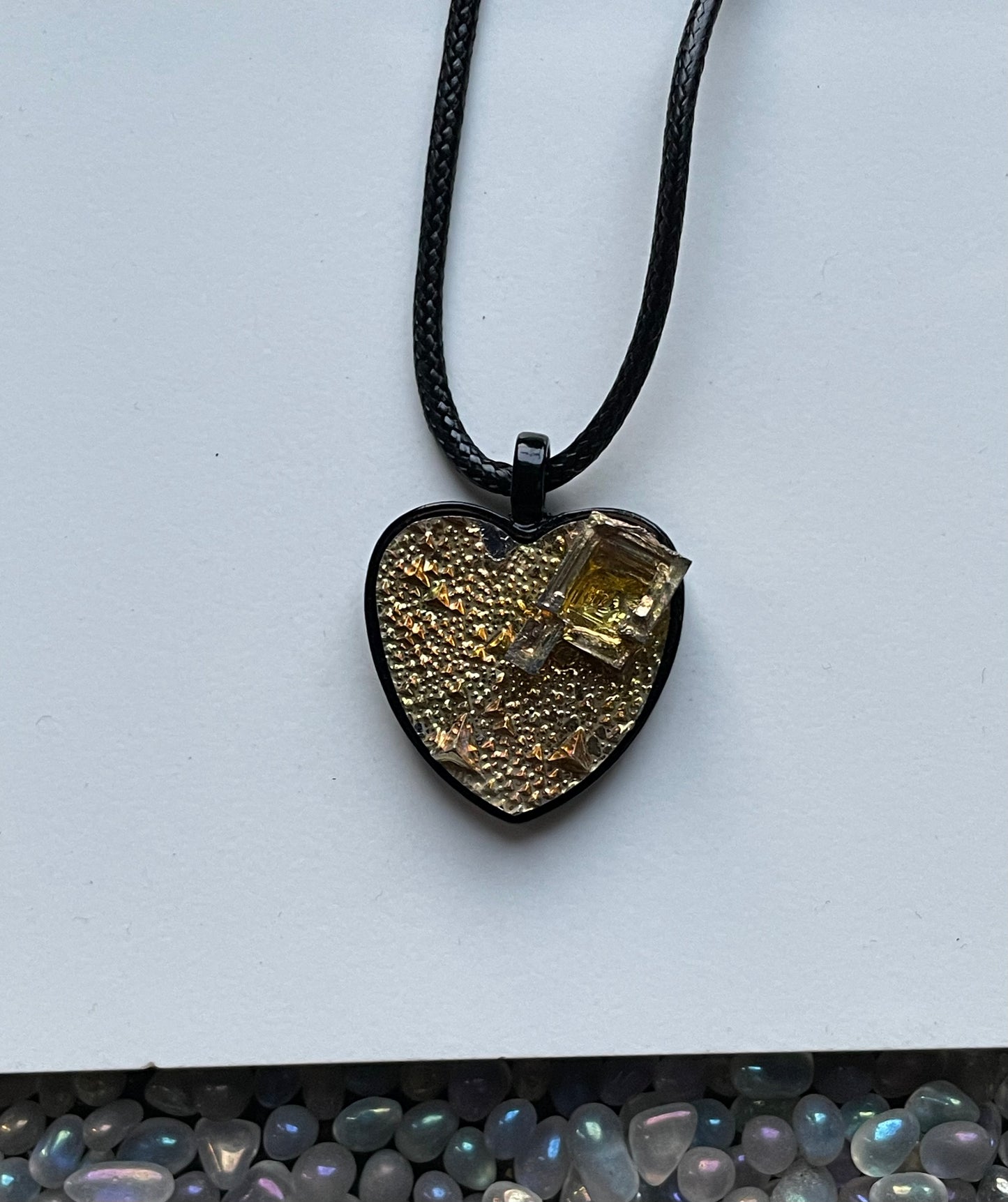 Gold Bismuth Heart Crystal Metal Art Cord Necklace