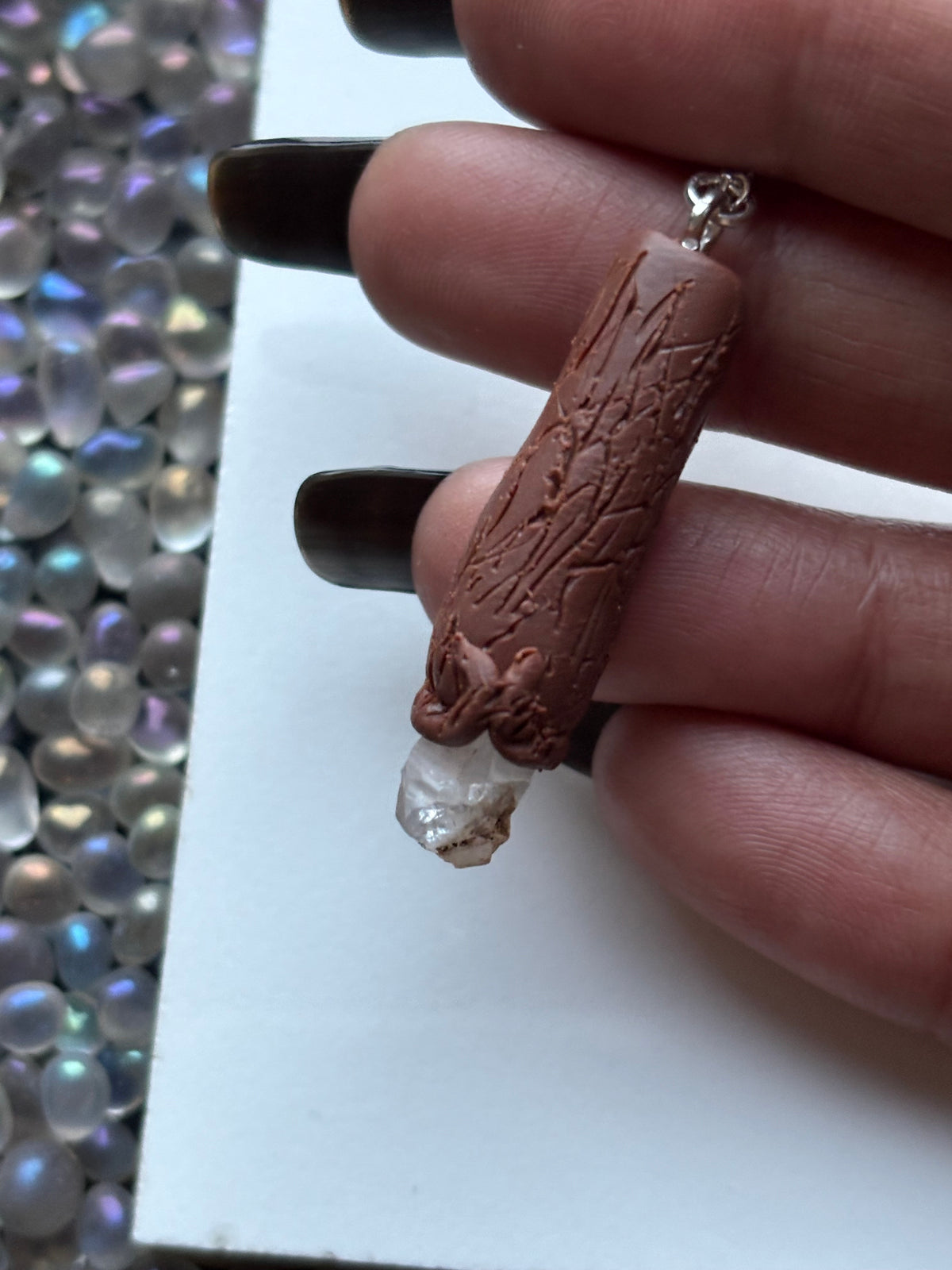 Scottish Quartz Crystal Gemstone Clay Wooden Wand Necklace (6)