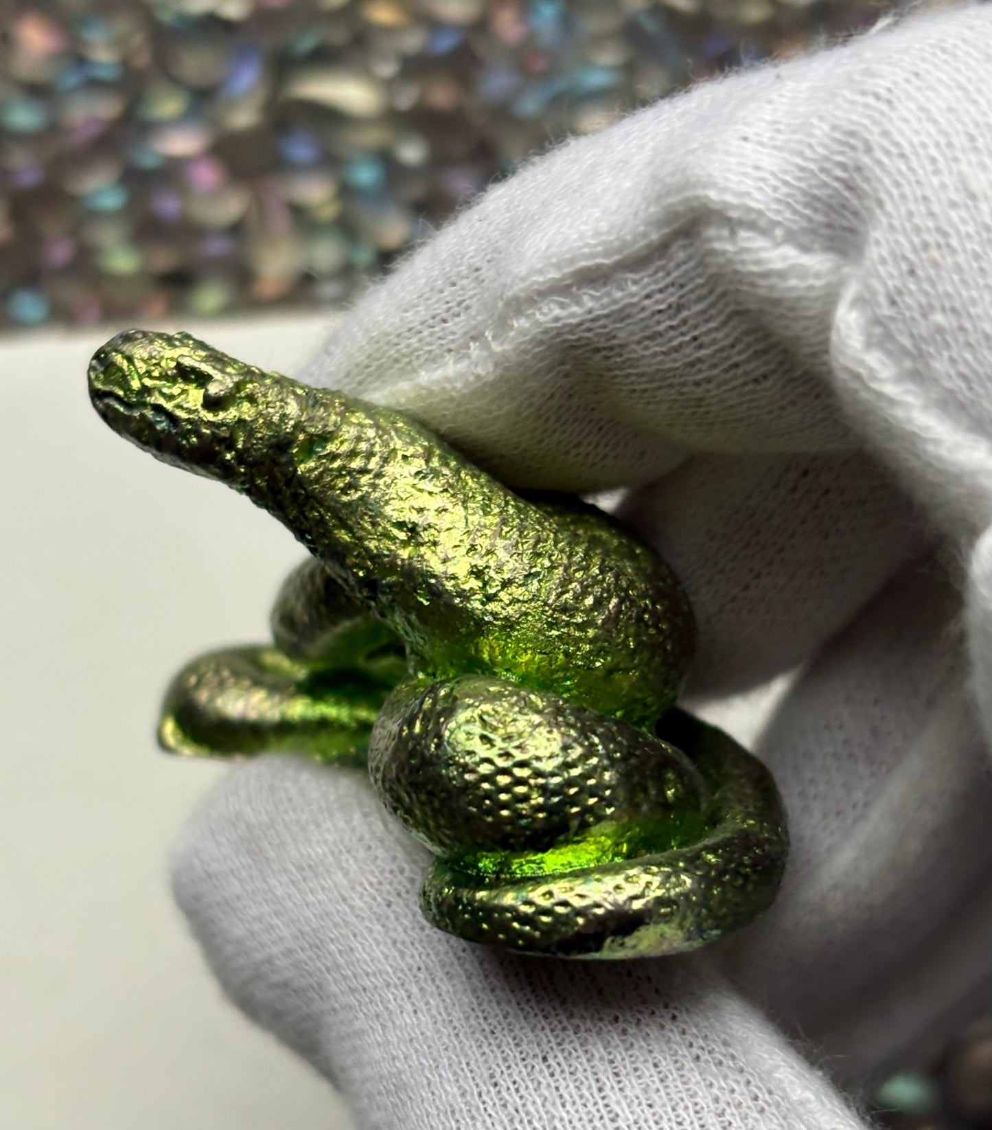 Green Bismuth Crystal Coil Snake Metal Art Sculpture