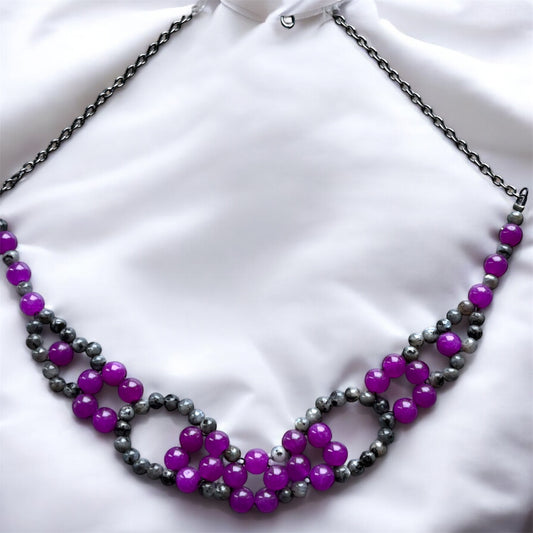 Purple Quartz & Larvikite (black moonstone) Gemstone Beaded Collar Necklace