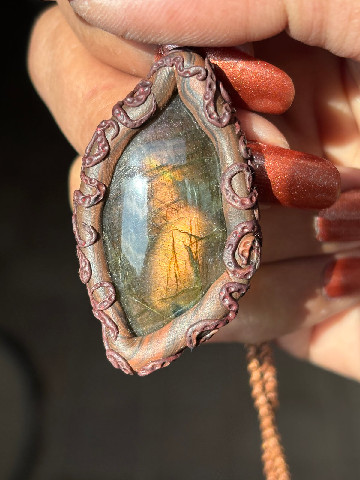 Purple Gold Labradorite Crystal Gemstone Clay Pendant Copper Necklace
