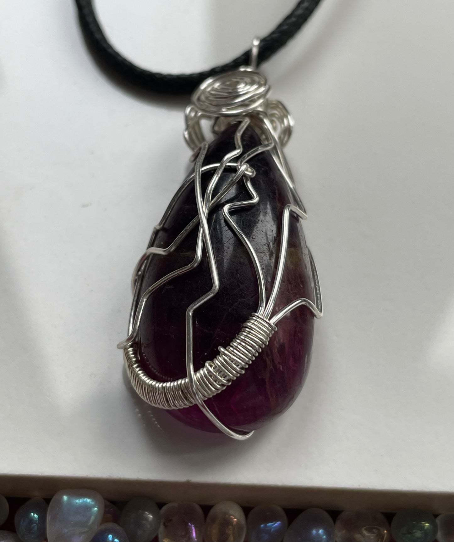 Purple Fluorite Crystal Gemstone Wire Wrap Silver Necklace