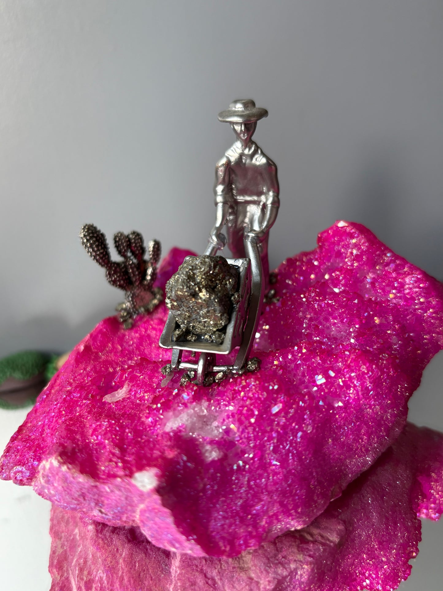 Hot Pink Aura Quartz & Pyrite Crystal Gemstone Miner Cluster - Large